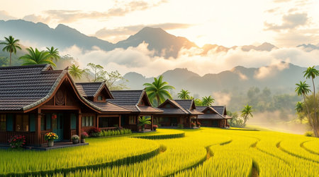 Terraced rice field with wooden house in countrysideの写真素材