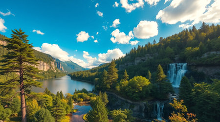 Panoramic view of the mountain lake and the waterfall in the forestの写真素材