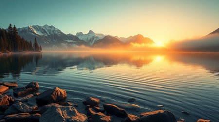 Mountain lake in the morning mist. Picturesque summer landscape.の写真素材