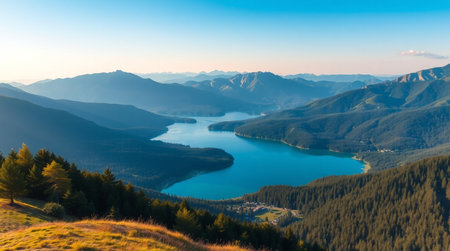 Panoramic view of the lake in the mountains at sunset. Beautiful summer landscape.の写真素材