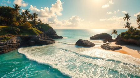 Aerial view of beautiful beach with palm trees at Seychellesの写真素材