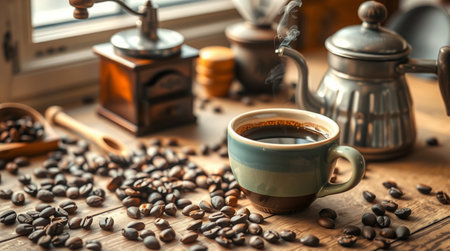 Cup of coffee and coffee beans on wooden table, closeup