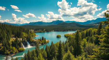 Panoramic view of the turquoise lake and waterfall, surrounded by mountains and forest.