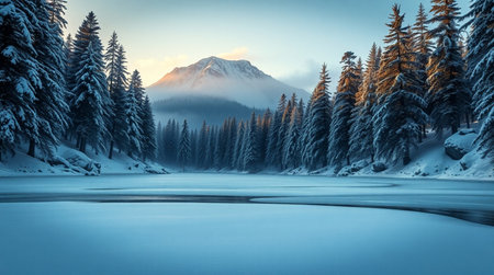 Beautiful winter landscape with snow covered mountain and lake in the forestの写真素材