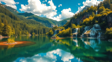 Beautiful mountain lake with crystal clear water and high mountains on backgroundの写真素材