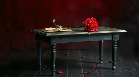 Red rose on a wooden table with a book on a dark backgroundの写真素材