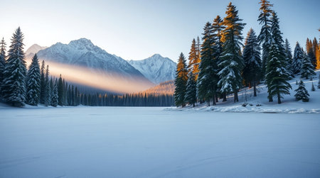 Mountain lake in the winter at sunrise. Beautiful winter landscape.の写真素材
