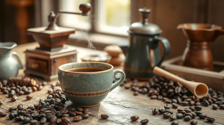 Cup of coffee and coffee beans on a wooden table in the kitchen