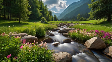 Beautiful summer landscape with small river in the mountains and pink flowersの写真素材