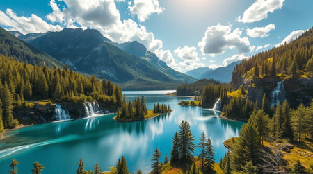Panoramic view of turquoise mountain lake in the mountainsの写真素材