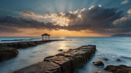 Beautiful sunset over the sea with a wooden gazeboの写真素材