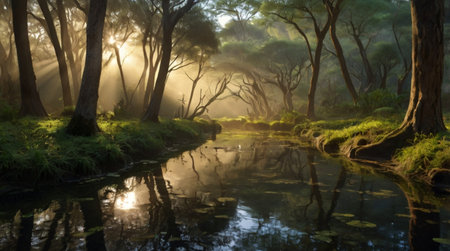 Morning mist over the river in the rainforest of New South Wales, Australiaの写真素材