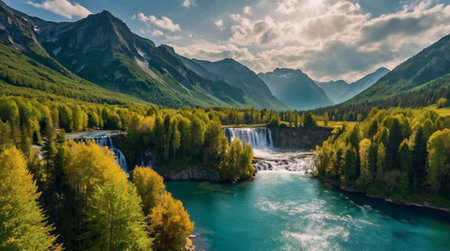 Panoramic view of the waterfall in the mountains. Summer landscape.の写真素材