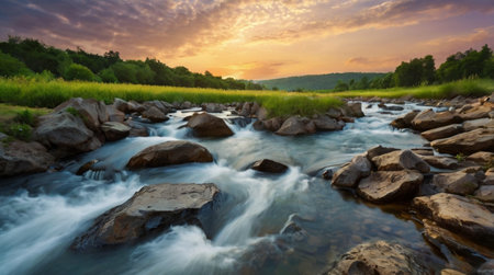 Mountain river at sunset. Beautiful summer landscape. Long exposure.の写真素材