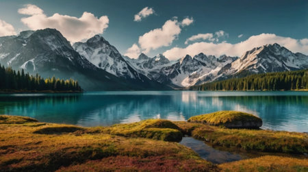 Beautiful panoramic view of the lake and mountains in the backgroundの写真素材