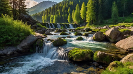 Mountain river with a waterfall in the Carpathians, Ukraineの写真素材