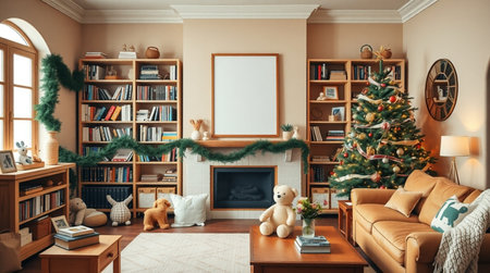 Interior of living room with Christmas tree, fireplace and comfortable sofaの写真素材