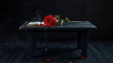 Red rose on a black wooden table with a book and a candleの写真素材