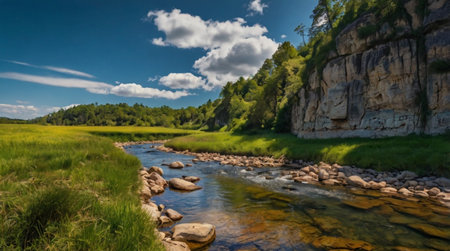 Panoramic view of a mountain river in the Altai mountains
