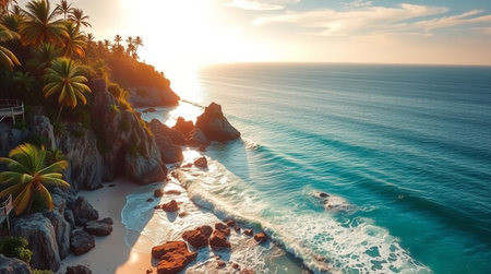 Aerial view of beautiful tropical beach with palm trees and rocks at sunsetの写真素材