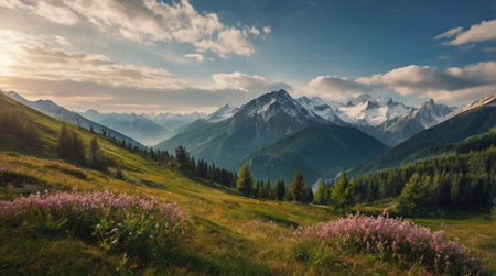 Panoramic view of alpine meadow with blooming wildflowers and snow-capped mountain peaks in the backgroundの写真素材