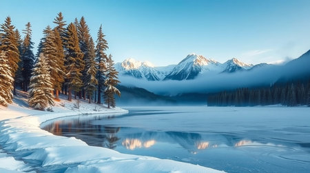 Beautiful winter landscape with lake and snow-capped mountains.の写真素材