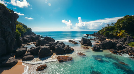 Aerial view of beautiful tropical beach with granite rocks and turquoise seaの写真素材