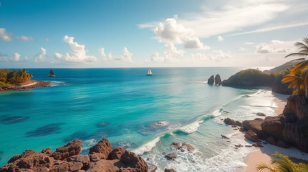 Panoramic aerial view of beautiful beach and turquoise sea in Tulum Mexicoの写真素材