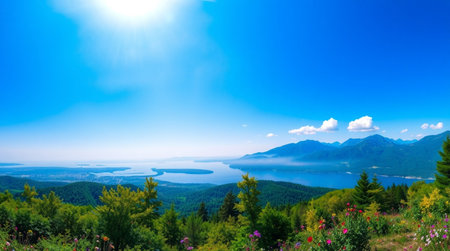 Panoramic view of lake and mountains in sunny day. Beautiful summer landscape.の写真素材