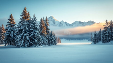 Fantastic winter landscape with frozen lake and snow covered fir treesの写真素材