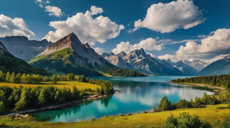 Panoramic view of beautiful alpine lake with turquoise water in the Alps, Switzerlandの写真素材