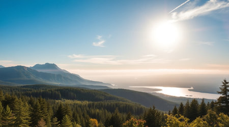 Mountain landscape with lake and forest in the morning. Panoramaの写真素材
