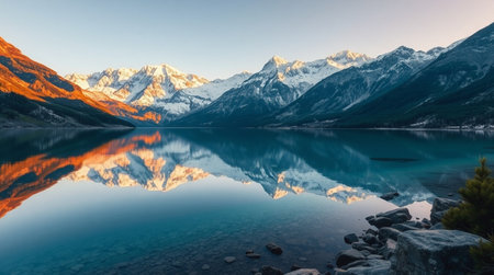 Mountain lake with reflection at sunset, Yading national level reserve, Daocheng, Sichuan Province, China.の写真素材