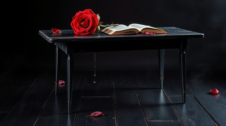 Red rose and a book on a black wooden table with black backgroundの写真素材