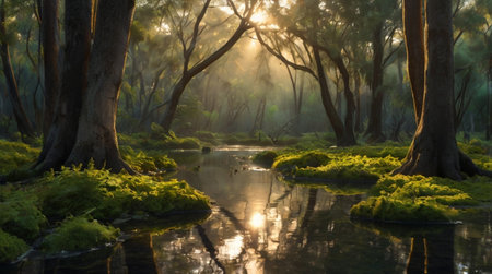 Sunrise over the river in the rainforest of South Australia.