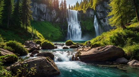 Waterfall in the mountains. Beautiful landscape with waterfalls in the mountains.の写真素材