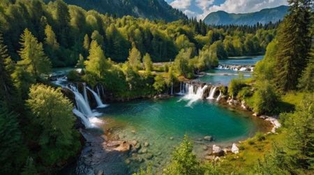 Aerial view of beautiful waterfall in the mountains. Beautiful summer landscape.の写真素材