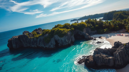 Aerial view of beautiful tropical beach with white sand, turquoise ocean water and blue sky.の写真素材