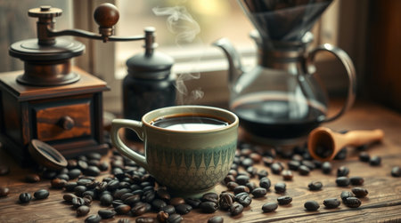 Coffee grinder and coffee beans on a wooden table.の写真素材