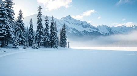 Beautiful winter landscape with snowy fir trees and lake in mountains.