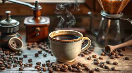 Coffee grinder and coffee beans on a wooden table.の写真素材