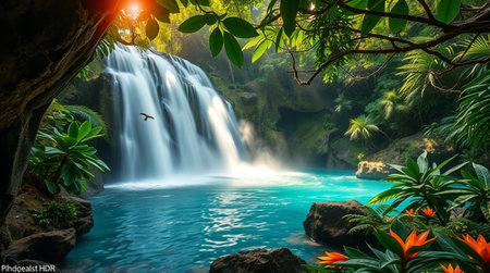 Beautiful waterfall in the tropical forest. Waterfall in the jungle.