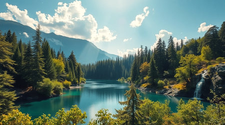 Beautiful mountain lake with clear turquoise water and coniferous forest.