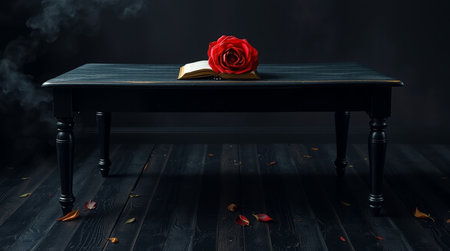 Red rose and book on a black wooden table in a dark roomの写真素材