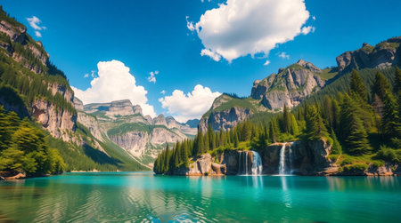 Panoramic view of beautiful alpine lake in Dolomites, Italyの写真素材