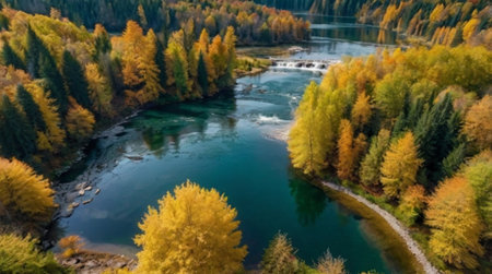 Aerial view of autumn forest and river. Beautiful nature background.の写真素材