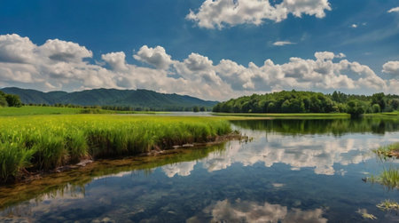 Summer landscape with lake and blue sky with white clouds. Panorama