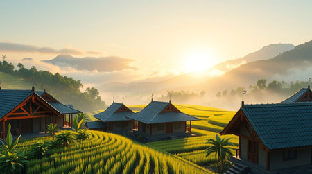 Terraced rice fields in the morning at Mae Hong Son, Thailandの写真素材
