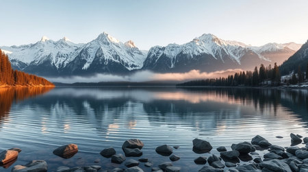 Panoramic view of snow-capped mountains reflected in lakeの写真素材