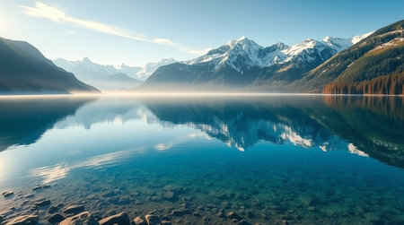 Panoramic view of alpine lake with reflection of snow-capped mountainsの写真素材
